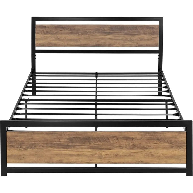 Queen Metal Platform Bed Frame with Brown Wood Panel Headboard and Footboard by HomePacific