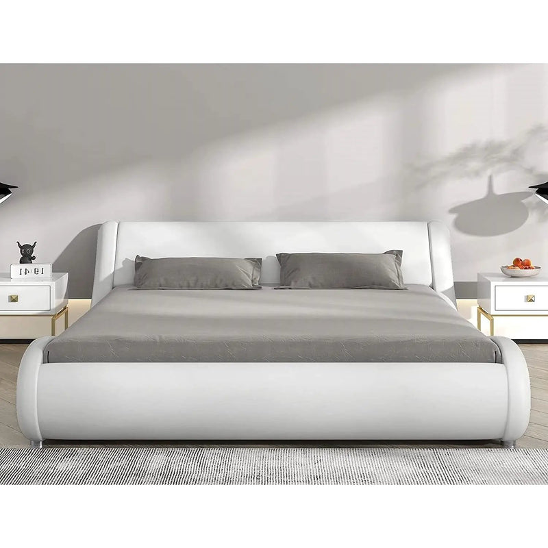 Queen Modern White Faux Leather Upholstered Platform Bed Frame with Headboard by HomePacific