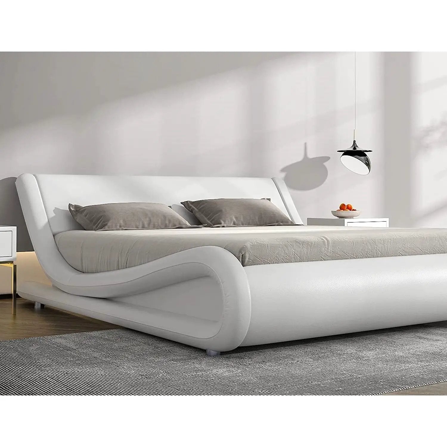 Queen Modern White Faux Leather Upholstered Platform Bed Frame with Headboard by HomePacific
