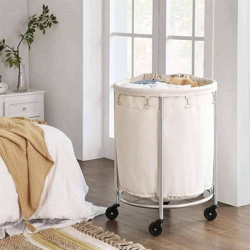 Round 45-Gallon Laundry Basket Hamper w/ Cream Fabric Bag Steel Frame on Wheels by HomePacific