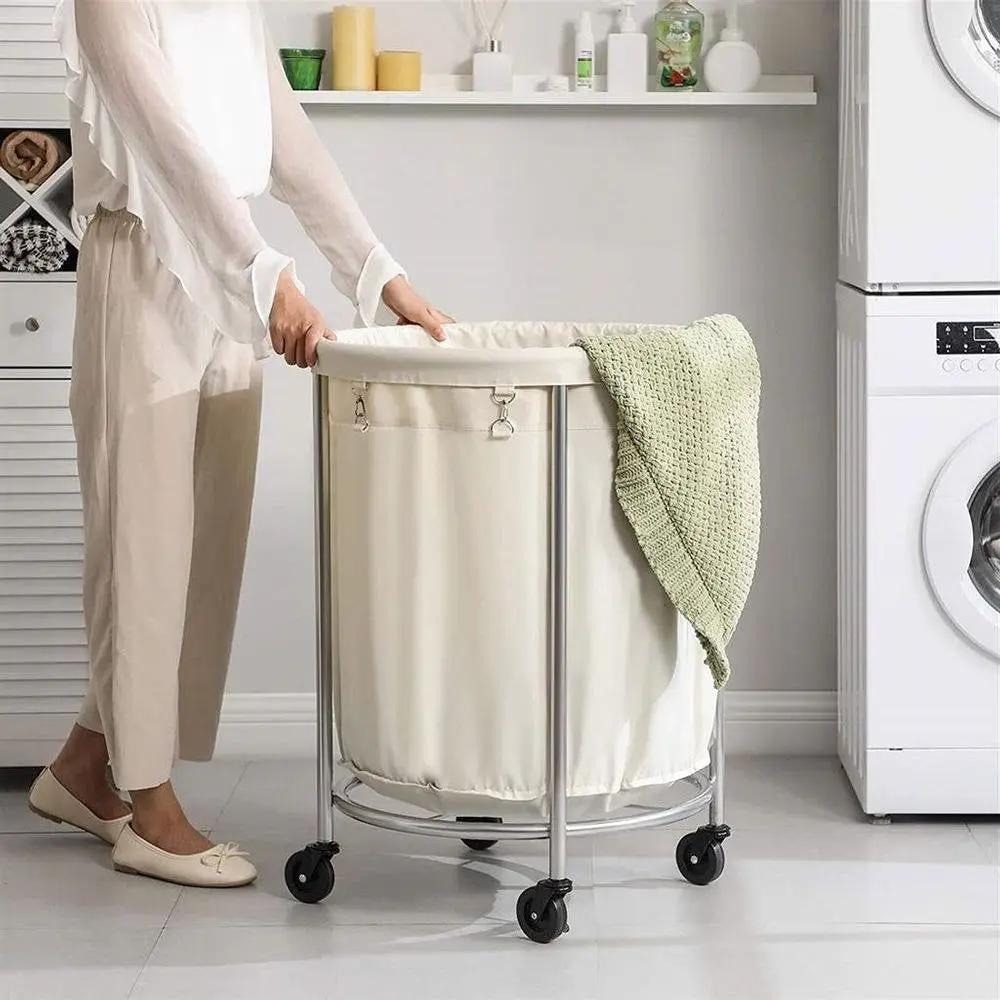 Round 45-Gallon Laundry Basket Hamper w/ Cream Fabric Bag Steel Frame on Wheels by HomePacific