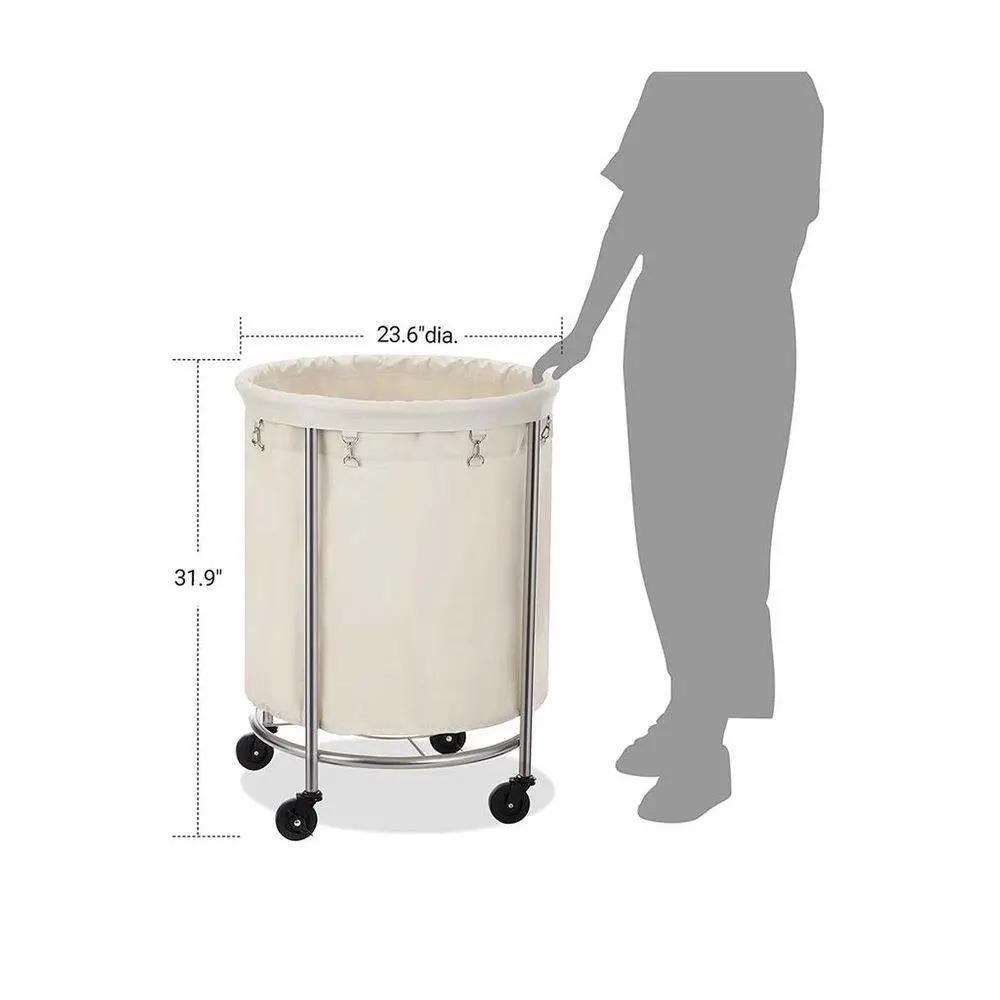 Round 45-Gallon Laundry Basket Hamper w/ Cream Fabric Bag Steel Frame on Wheels by HomePacific