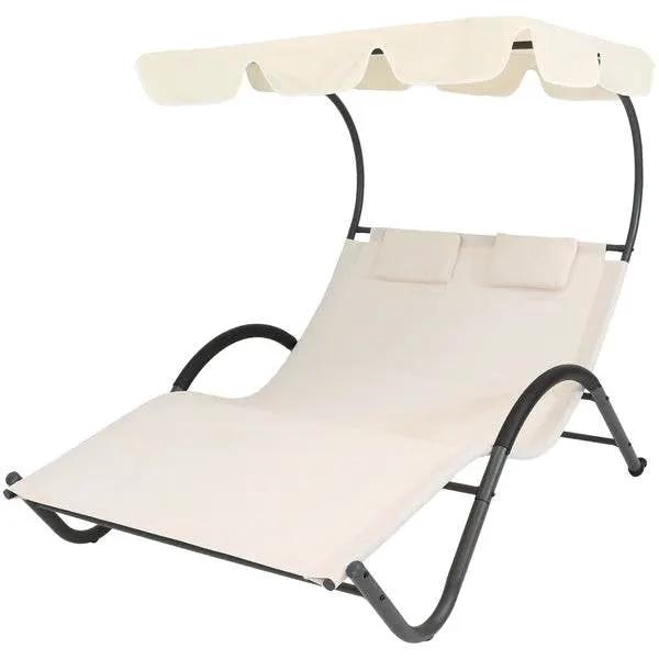 2 Person Off White Outdoor Patio Chaise Lounger Chair Canopy Bed with Pillows by HomePacific