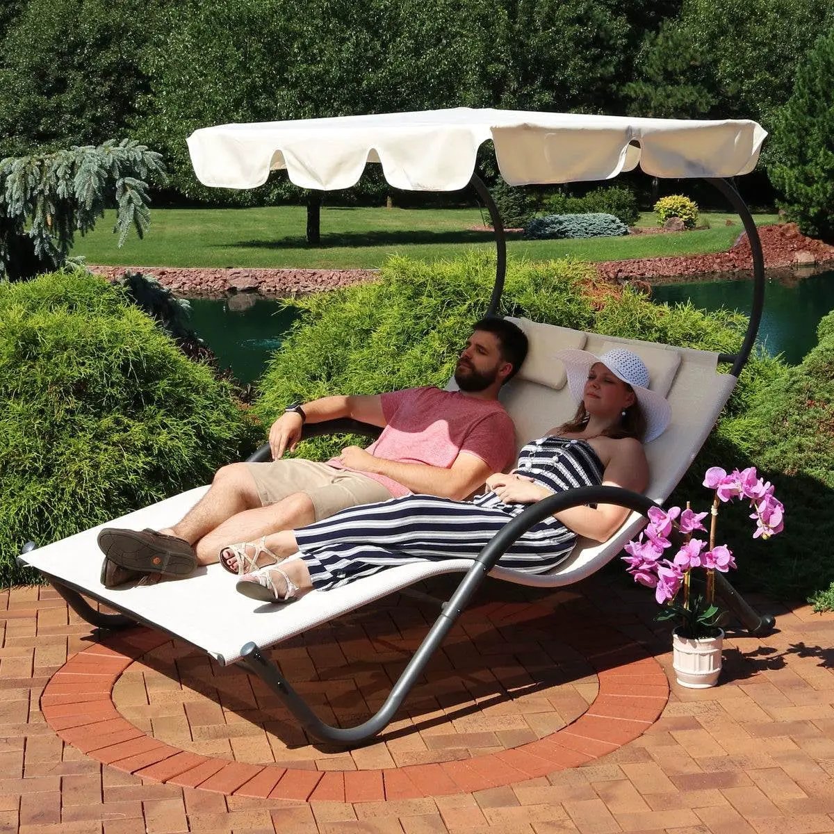 2 Person Off White Outdoor Patio Chaise Lounger Chair Canopy Bed with Pillows by HomePacific