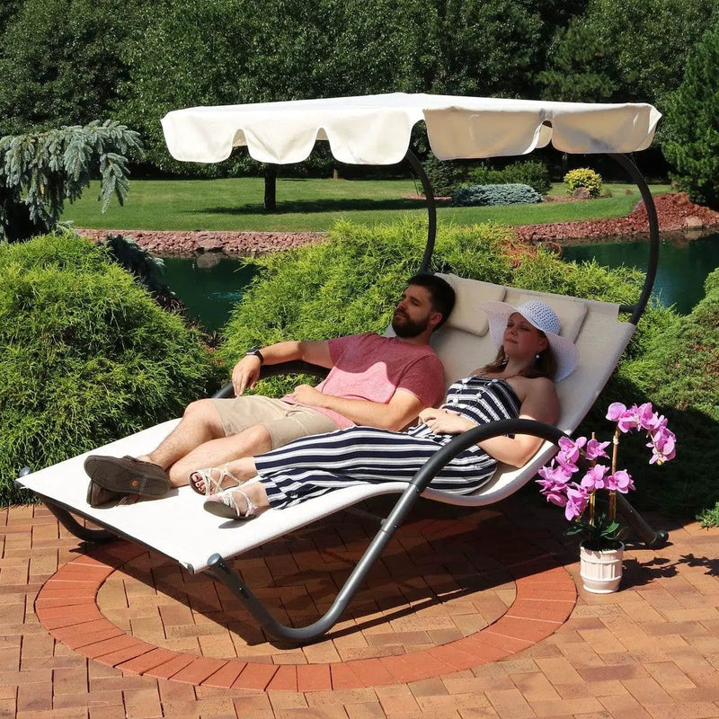 2 Person Off White Outdoor Patio Chaise Lounger Chair Canopy Bed with Pillows by HomePacific