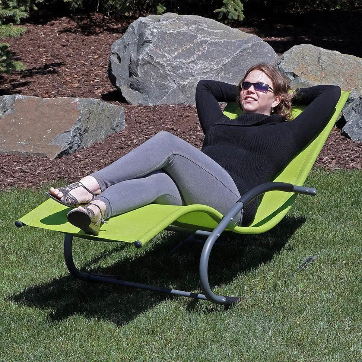 Modern Green Rocking Chaise Lounge Chair Patio Lounger with Pillow by HomePacific