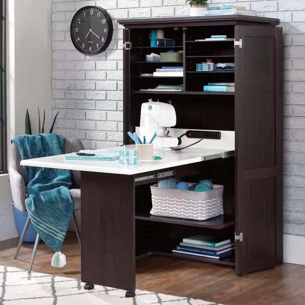 Armoire with Drop Leaf Computer Desk Craft Table in Dark Brown Wood Finish by HomePacific