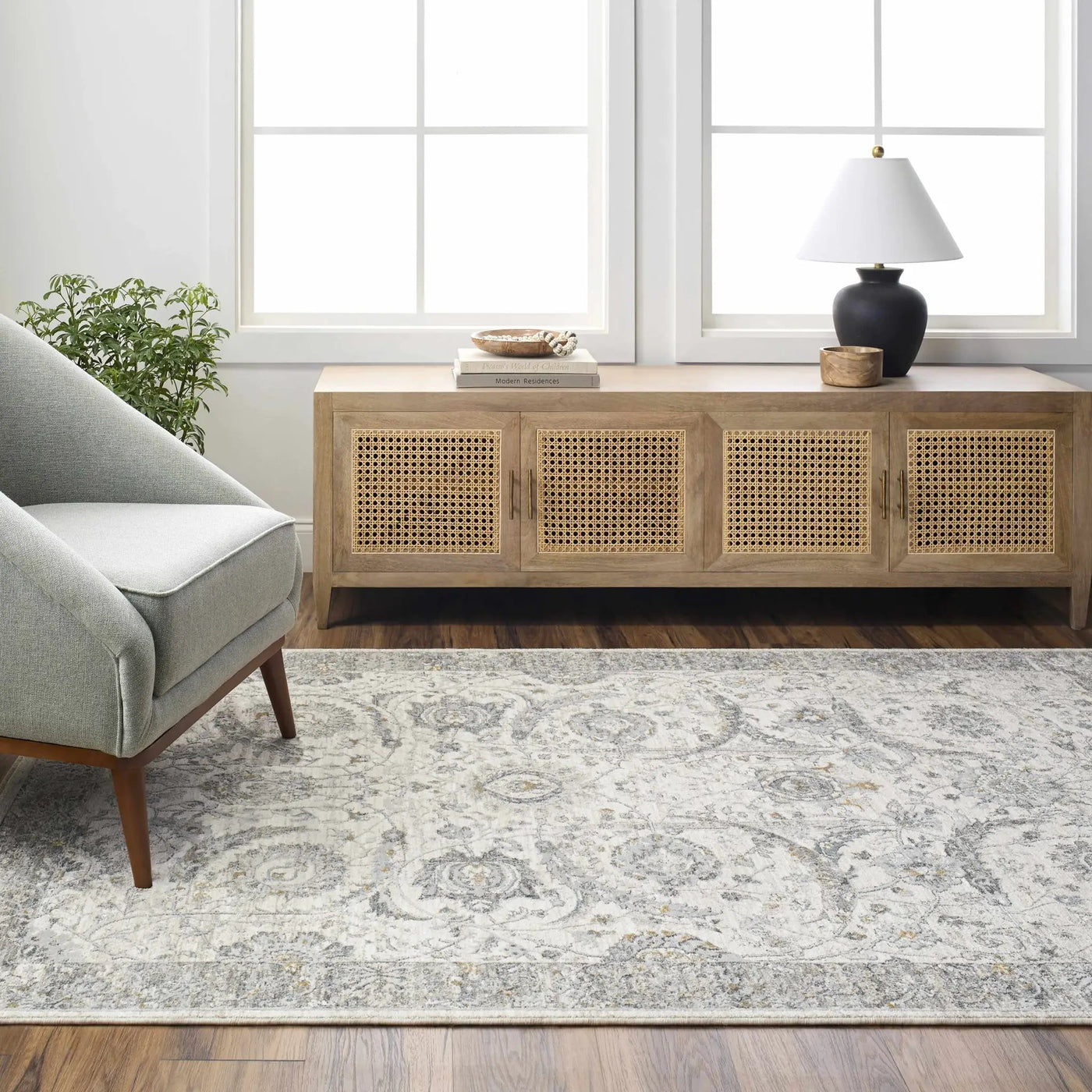 Gauge Cream & Gray Blue Rug with Fringes by Boutique Rugs
