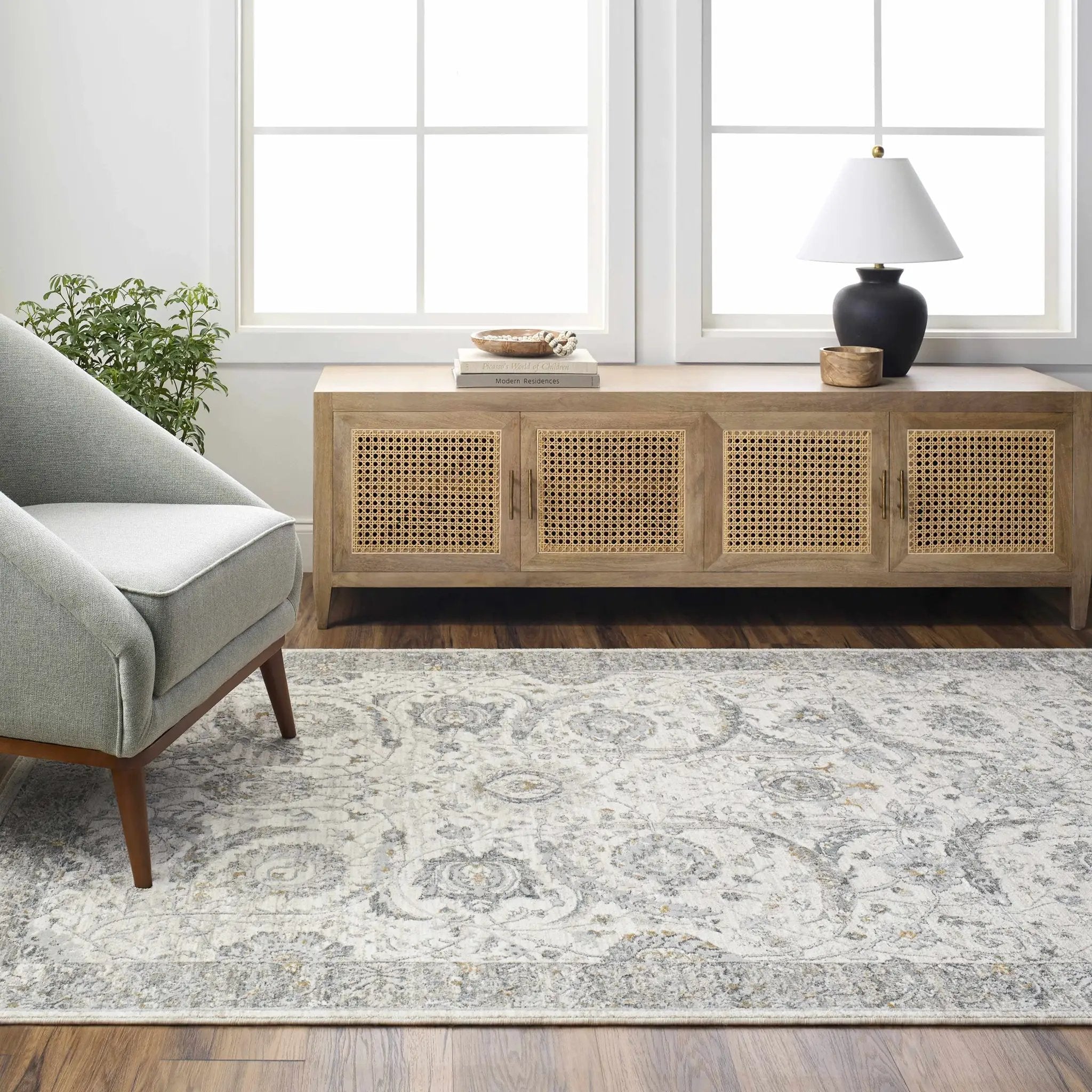Gauge Cream & Gray Blue Rug with Fringes by Boutique Rugs