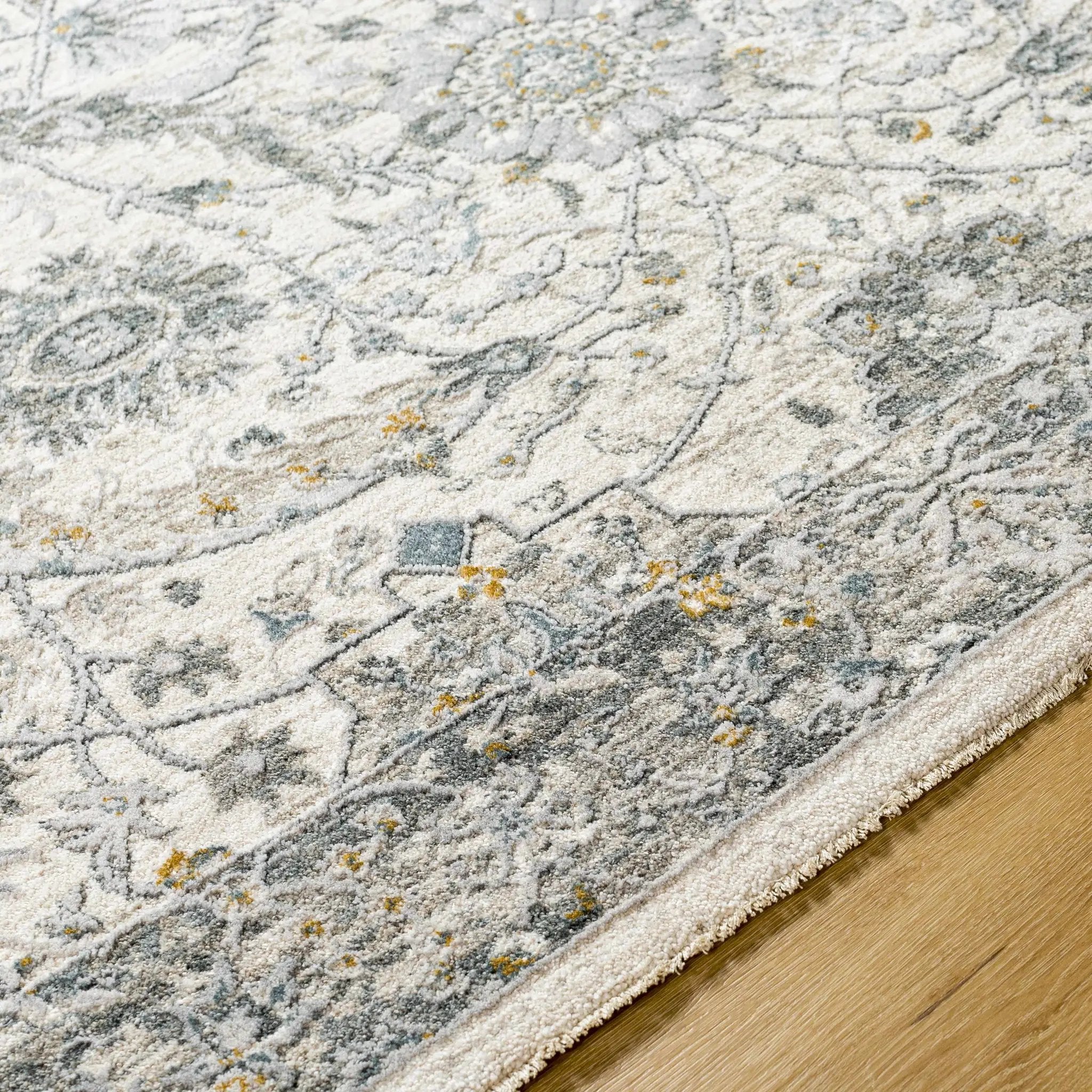 Gauge Cream & Gray Blue Rug with Fringes by Boutique Rugs