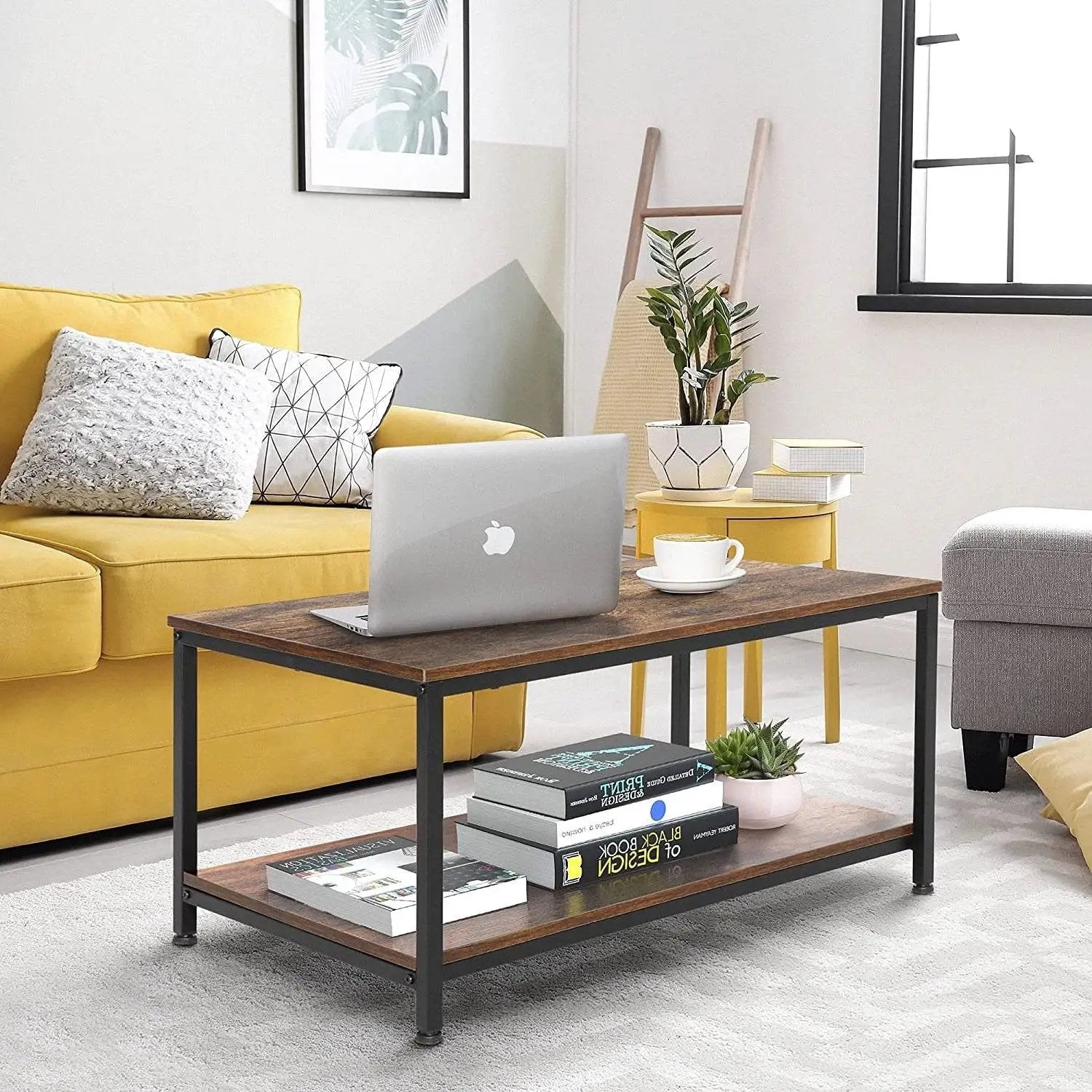 Heavy Duty Industrial 2-Tier Coffee Table in Rustic Brown Wood Finish by HomePacific