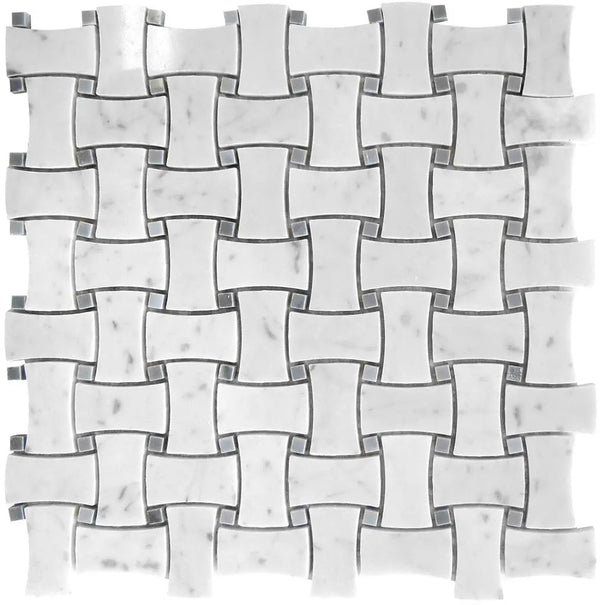 White 12x12 Polished Basketweave Bianco Carrara Bardiglio Nuvolato Marble Mosaic Tile (5 pack, 5 sq ft/case), photo 2 of 7