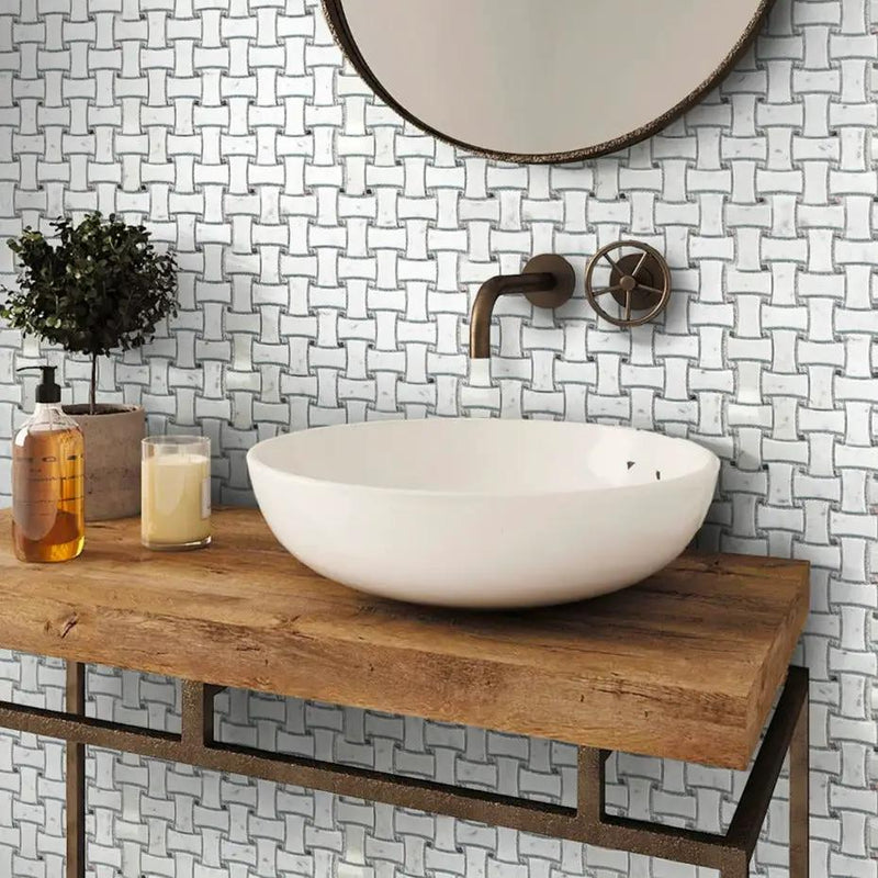 White 12x12 Polished Basketweave Bianco Carrara Bardiglio Nuvolato Marble Mosaic Tile (5 pack, 5 sq ft/case) by Apollo Tile