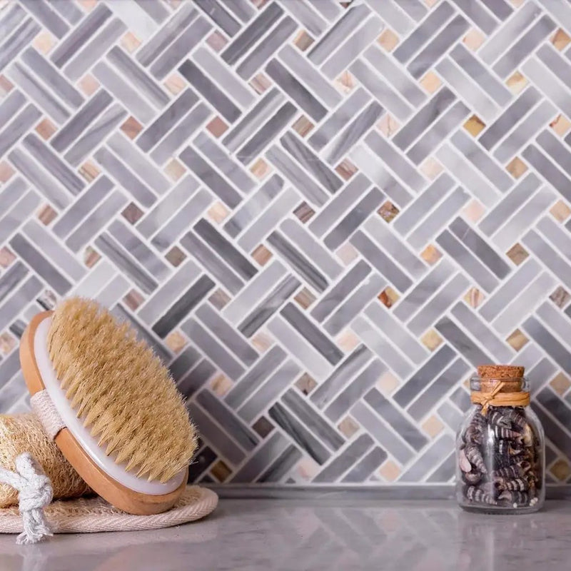 Gray 11x11 Polished Basketweave Bardiglio Nuvolato Marble Mosaic Tile (5 pack, 4.47 sq ft/case) by Apollo Tile