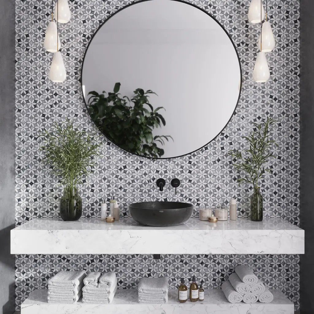 Gray White 12x15 Polished Floral Marble Mosaic Tile (5 pack, 6.18 sq ft/case) by Apollo Tile
