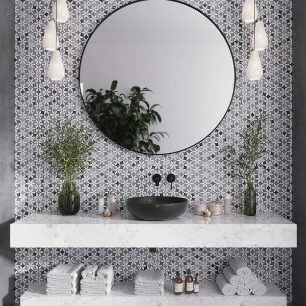 Gray White 12x15 Polished Floral Marble Mosaic Tile (5 pack, 6.18 sq ft/case), photo 2 of 4