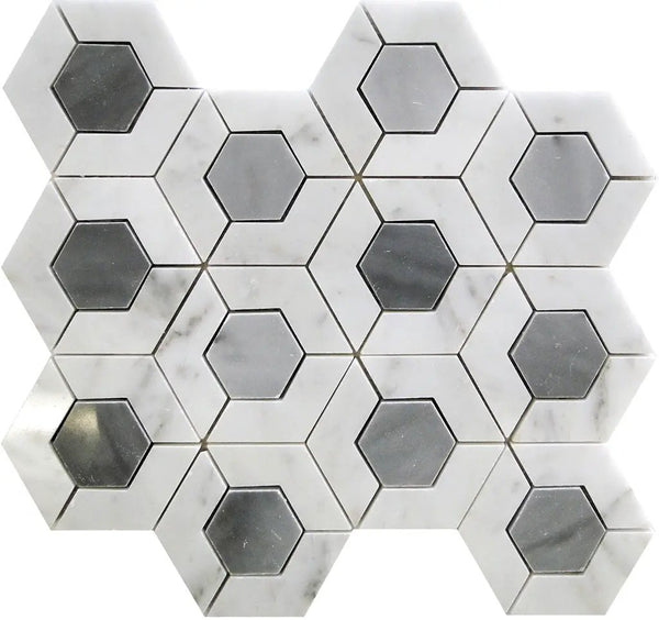Gray White 11x13 Polished Hexagon Bardiglio Nuvolato Bianco Carrara Marble Mosaic Tile (5 pack, 5.15 sq ft/case), photo 2 of 6