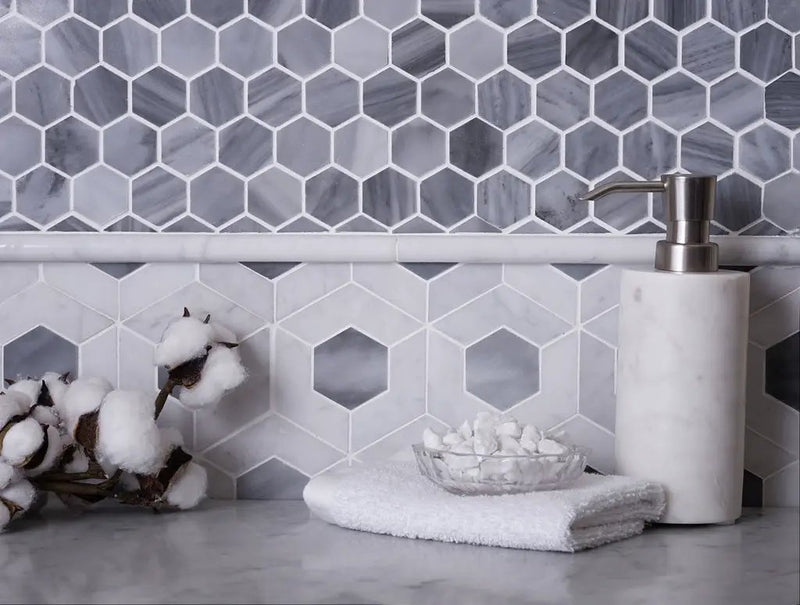 Gray White 11x13 Polished Hexagon Bardiglio Nuvolato Bianco Carrara Marble Mosaic Tile (5 pack, 5.15 sq ft/case) by Apollo Tile