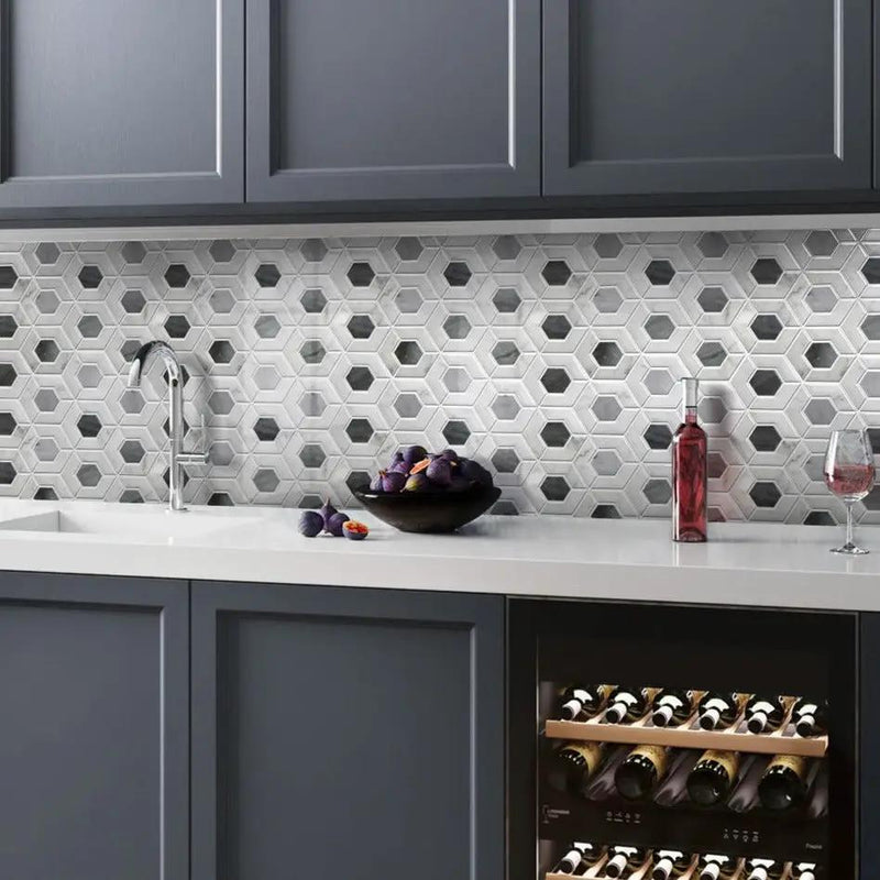 Gray White 11x13 Polished Hexagon Bardiglio Nuvolato Bianco Carrara Marble Mosaic Tile (5 pack, 5.15 sq ft/case) by Apollo Tile