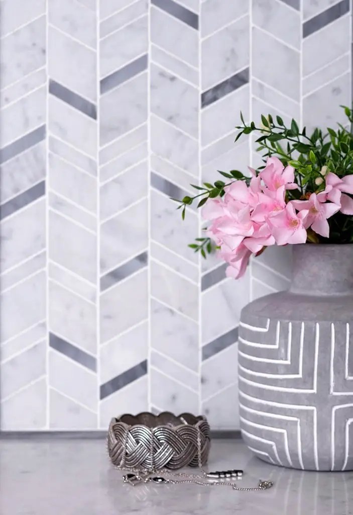 White Gray 11x13 Polished Herringbone Bardiglio Nuvolato Bianco Carrara Marble Mosaic Tile (5 pack, 4.95 sq ft/case) by Apollo Tile