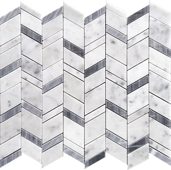 White Gray 11x13 Polished Herringbone Bardiglio Nuvolato Bianco Carrara Marble Mosaic Tile (5 pack, 4.95 sq ft/case), photo 2 of 6