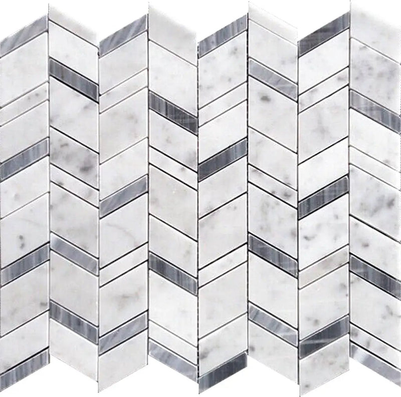 White Gray 11x13 Polished Herringbone Bardiglio Nuvolato Bianco Carrara Marble Mosaic Tile (5 pack, 4.95 sq ft/case) by Apollo Tile