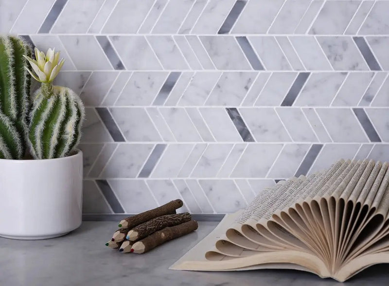 White Gray 11x13 Polished Herringbone Bardiglio Nuvolato Bianco Carrara Marble Mosaic Tile (5 pack, 4.95 sq ft/case) by Apollo Tile
