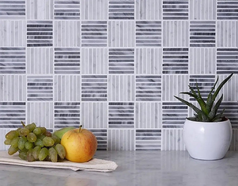 White Gray 12x12 Polished Brick Bardiglio Nuvolato Bianco Carrara Marble Mosaic Tile (5 pack, 5 sq ft/case) by Apollo Tile