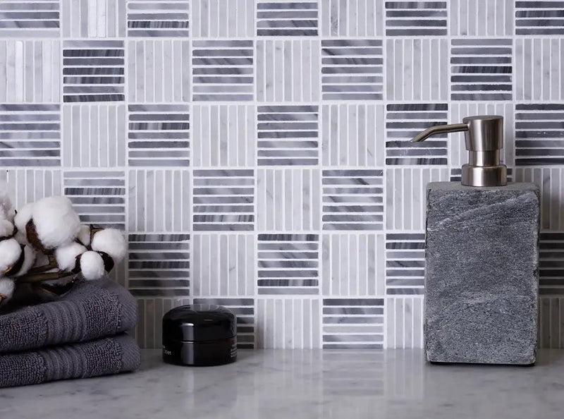 White Gray 12x12 Polished Brick Bardiglio Nuvolato Bianco Carrara Marble Mosaic Tile (5 pack, 5 sq ft/case) by Apollo Tile