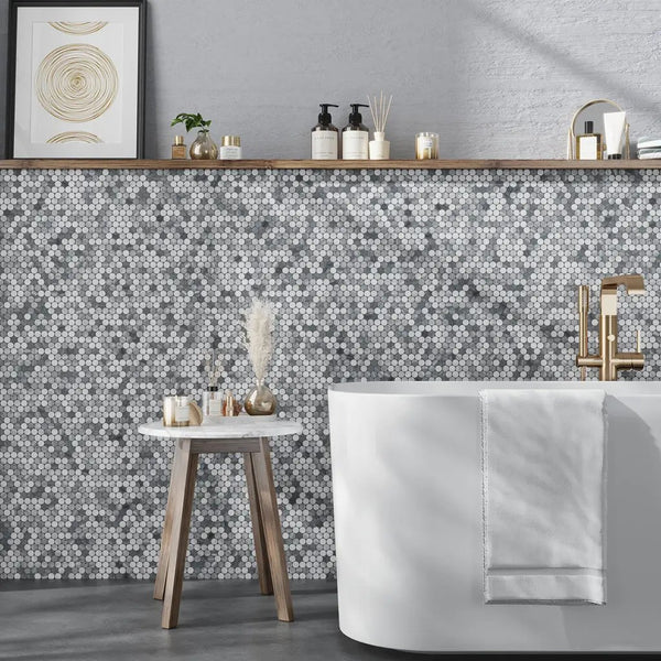 White Gray 11x12 Polished Penny Round Bardiglio Nuvolato Carrara Marble Mosaic Tile (5 pack, 4.83 sq ft/case), photo 2 of 7