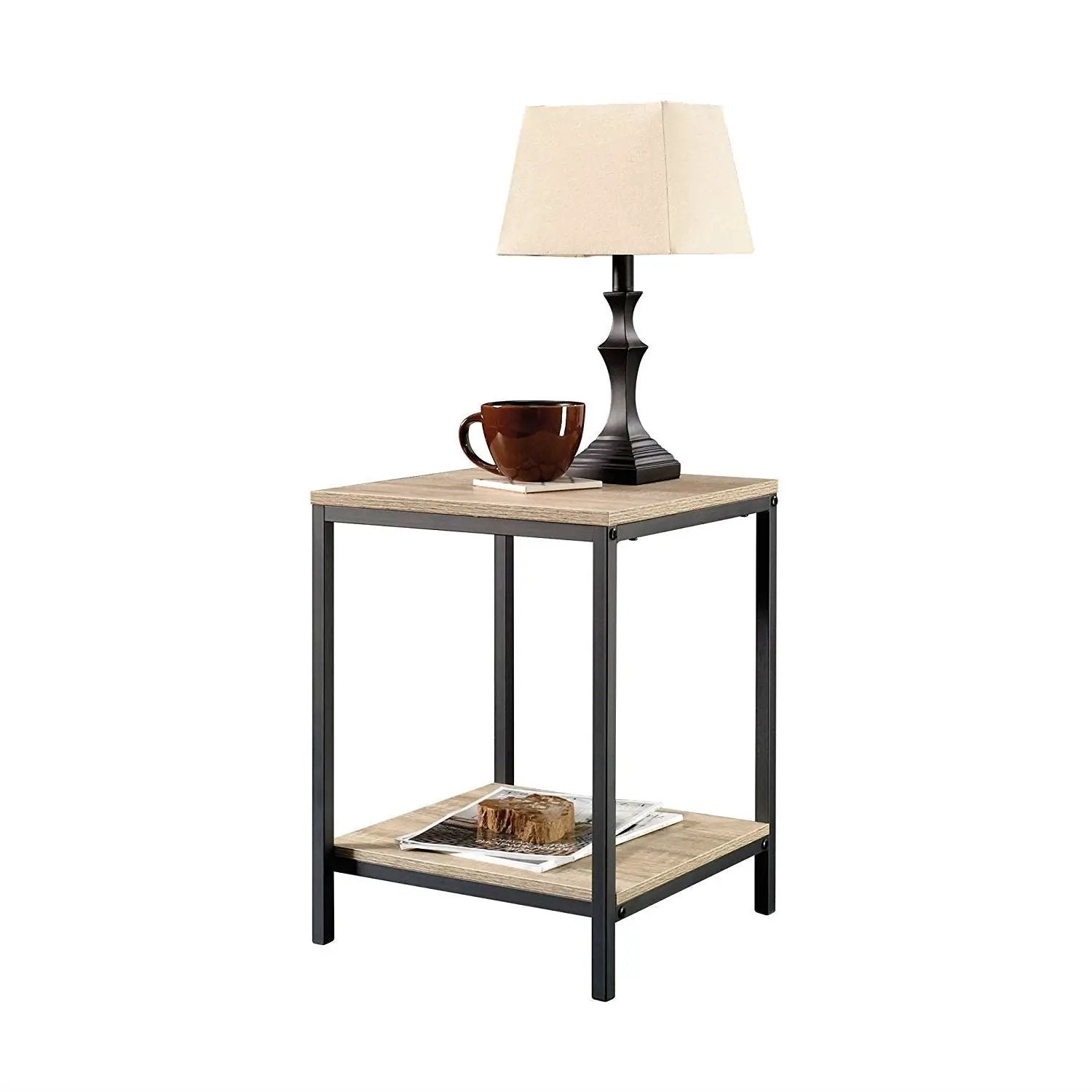 Modern Black Metal Frame End Table with Oak Finish Wood Top and Bottom Shelf by HomePacific