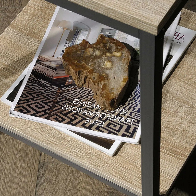 Modern Black Metal Frame End Table with Oak Finish Wood Top and Bottom Shelf by HomePacific