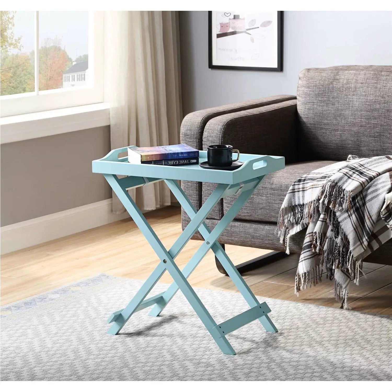 Folding TV Tray Bedside Table in Light Blue Teal Turquoise Seafoam Wood Finish by HomePacific