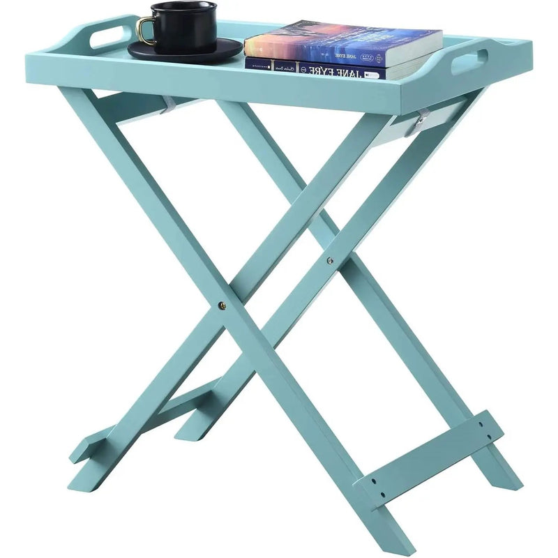 Folding TV Tray Bedside Table in Light Blue Teal Turquoise Seafoam Wood Finish by HomePacific