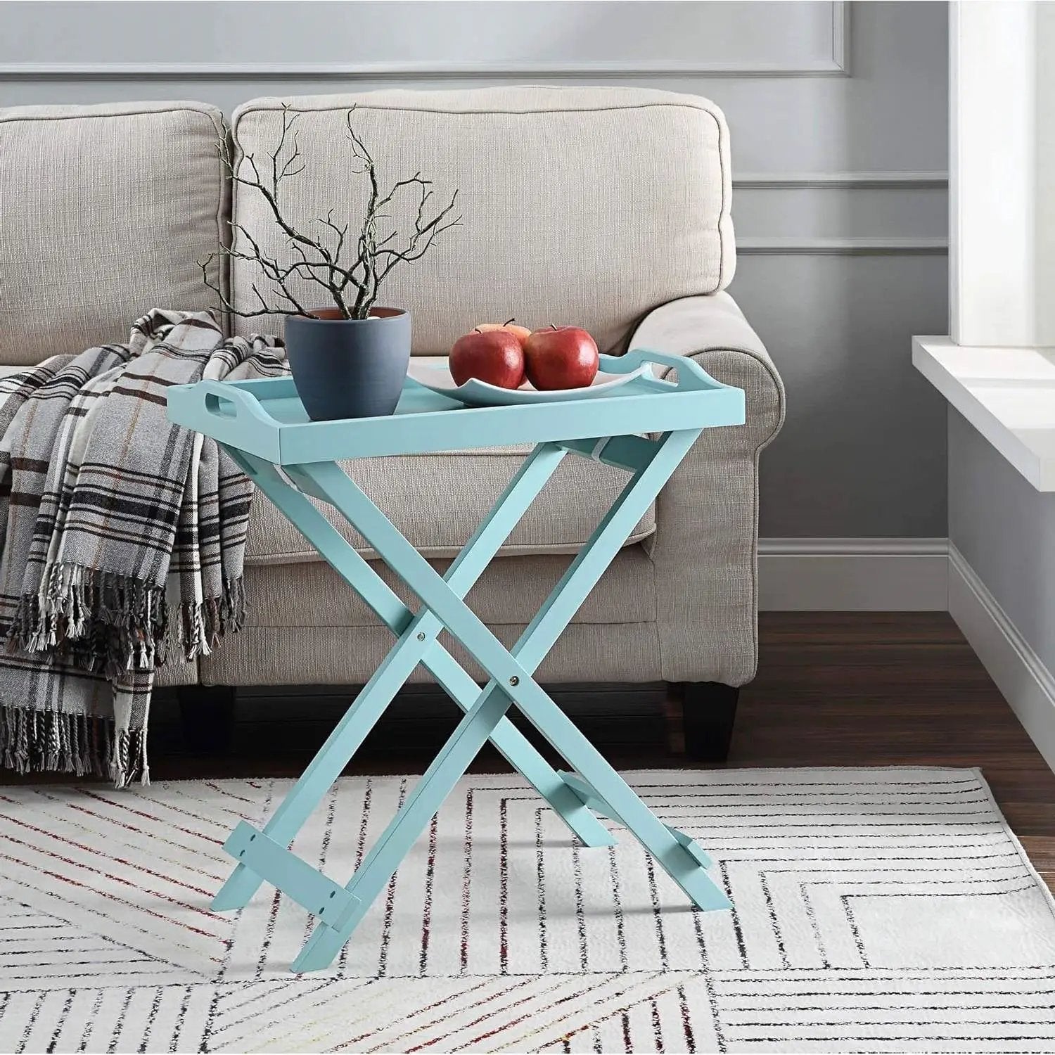 Folding TV Tray Bedside Table in Light Blue Teal Turquoise Seafoam Wood Finish by HomePacific