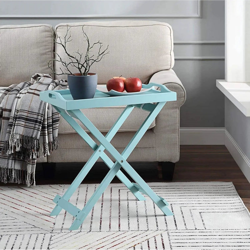 Folding TV Tray Bedside Table in Light Blue Teal Turquoise Seafoam Wood Finish by HomePacific