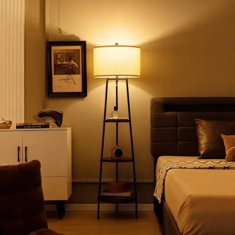 Modern Floor Lamp 3-Tier Bookcase Shelf with Round Drum Linen Lampshade by HomePacific