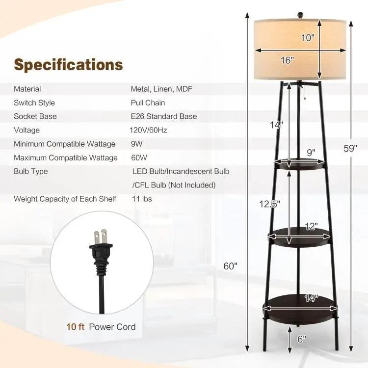 Modern Floor Lamp 3-Tier Bookcase Shelf with Round Drum Linen Lampshade by HomePacific