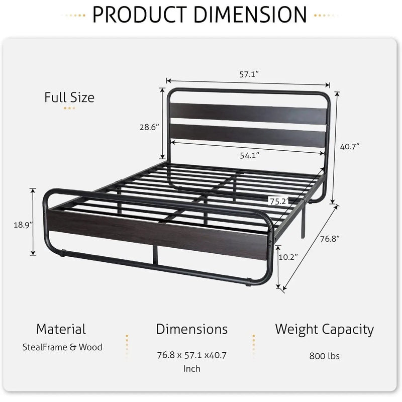 Full Heavy Duty Round Metal Frame Platform Bed with Black Wood Panel Headboard by HomePacific
