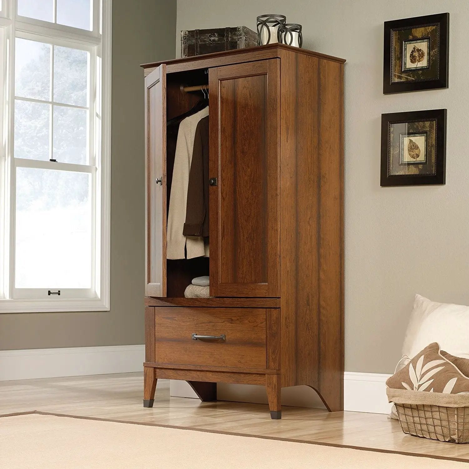 Bedroom Wardrobe Cabinet Storage Armoire in Medium Brown Cherry Wood Finish by HomePacific