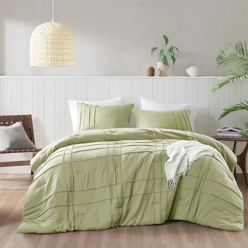 Twin/Twin XL Microfiber Pleated Lightweight Soft Comforter Set in Sage Green by HomePacific