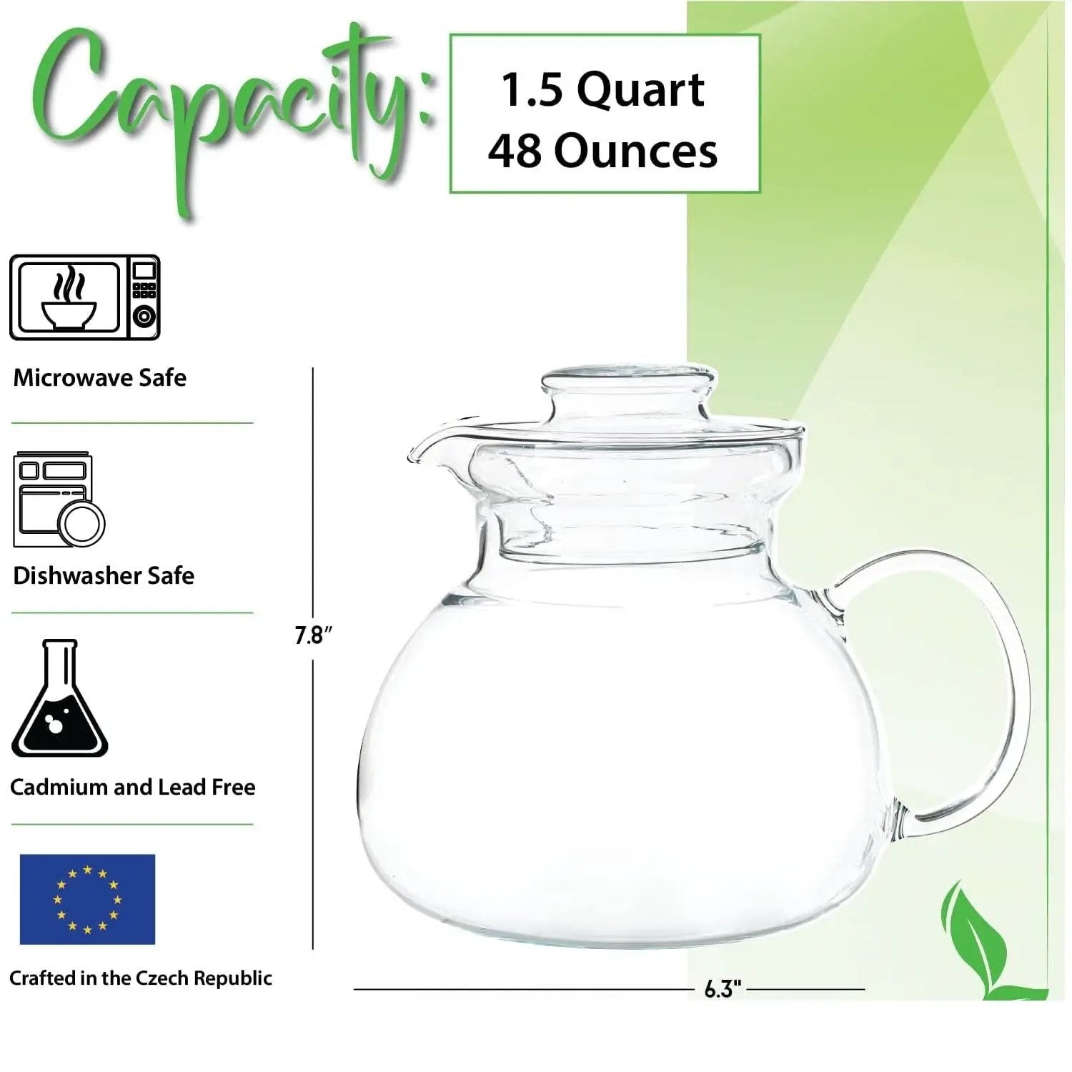 1.5 Quart Stovetop Clear Glass Teapot Kettle with Lid - Microwave Safe by HomePacific