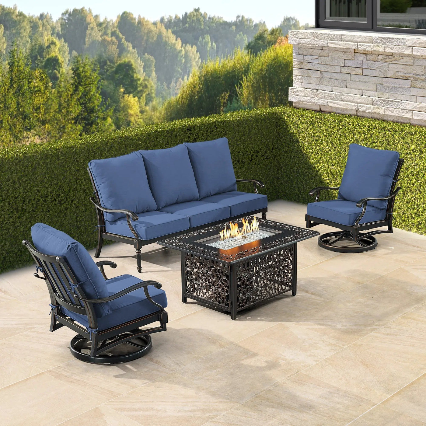 Black Aluminum Fire Table Set with Sofa and Two Club Chairs by Sharicks