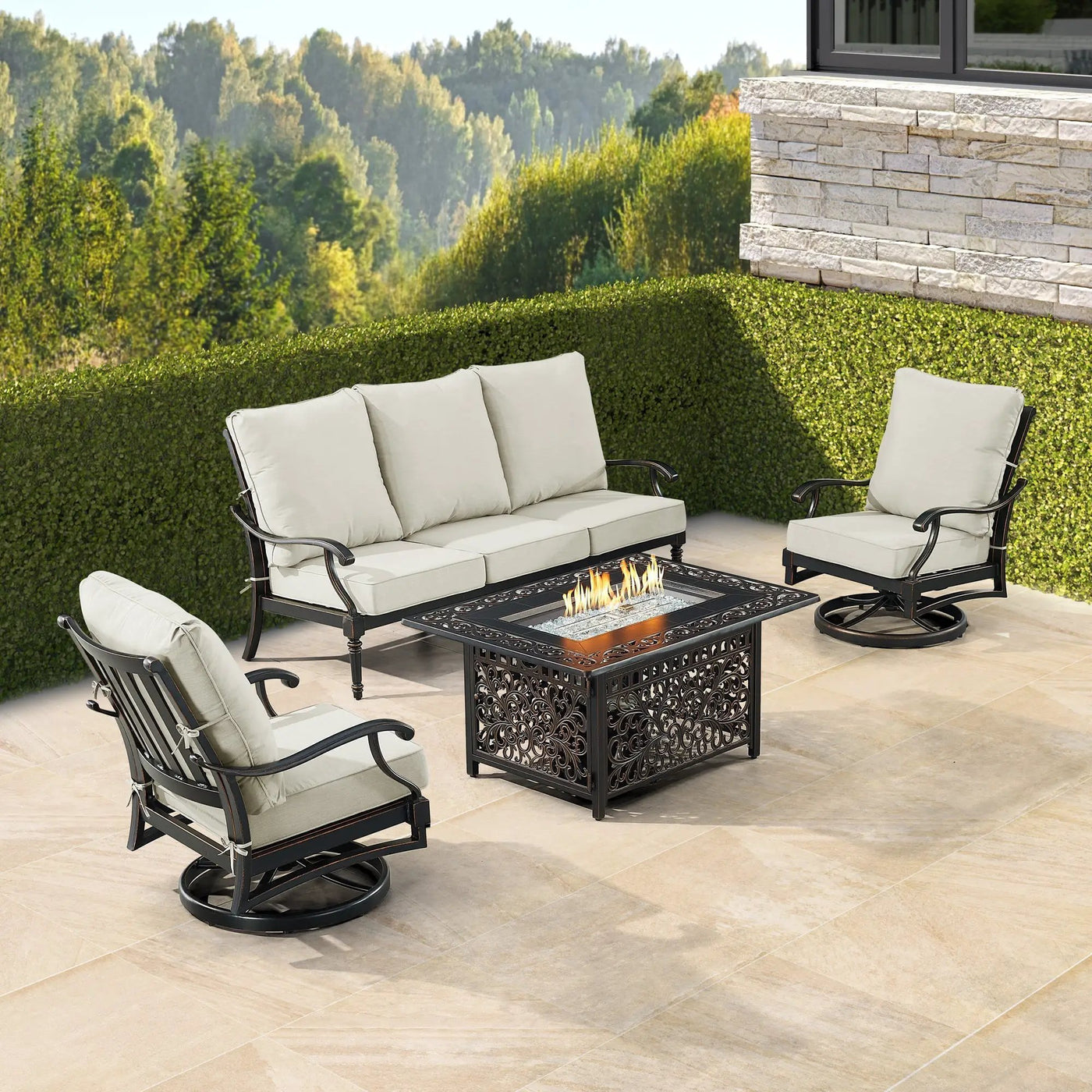 Black Aluminum Fire Table Set with Sofa and Two Club Chairs by Sharicks