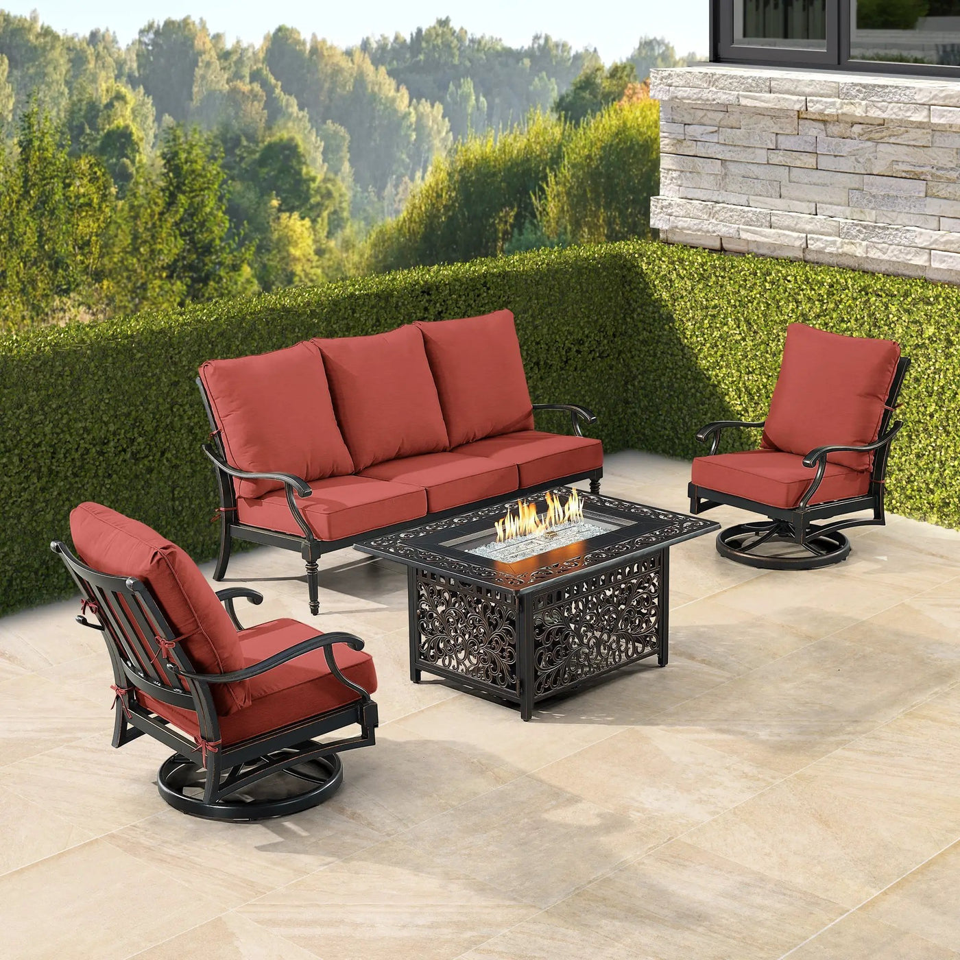 Black Aluminum Fire Table Set with Sofa and Two Club Chairs by Sharicks
