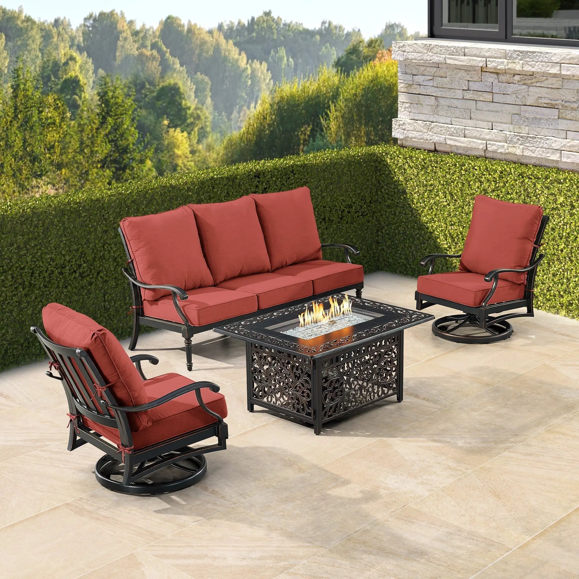 Black Aluminum Fire Table Set with Sofa and Two Club Chairs by Sharicks