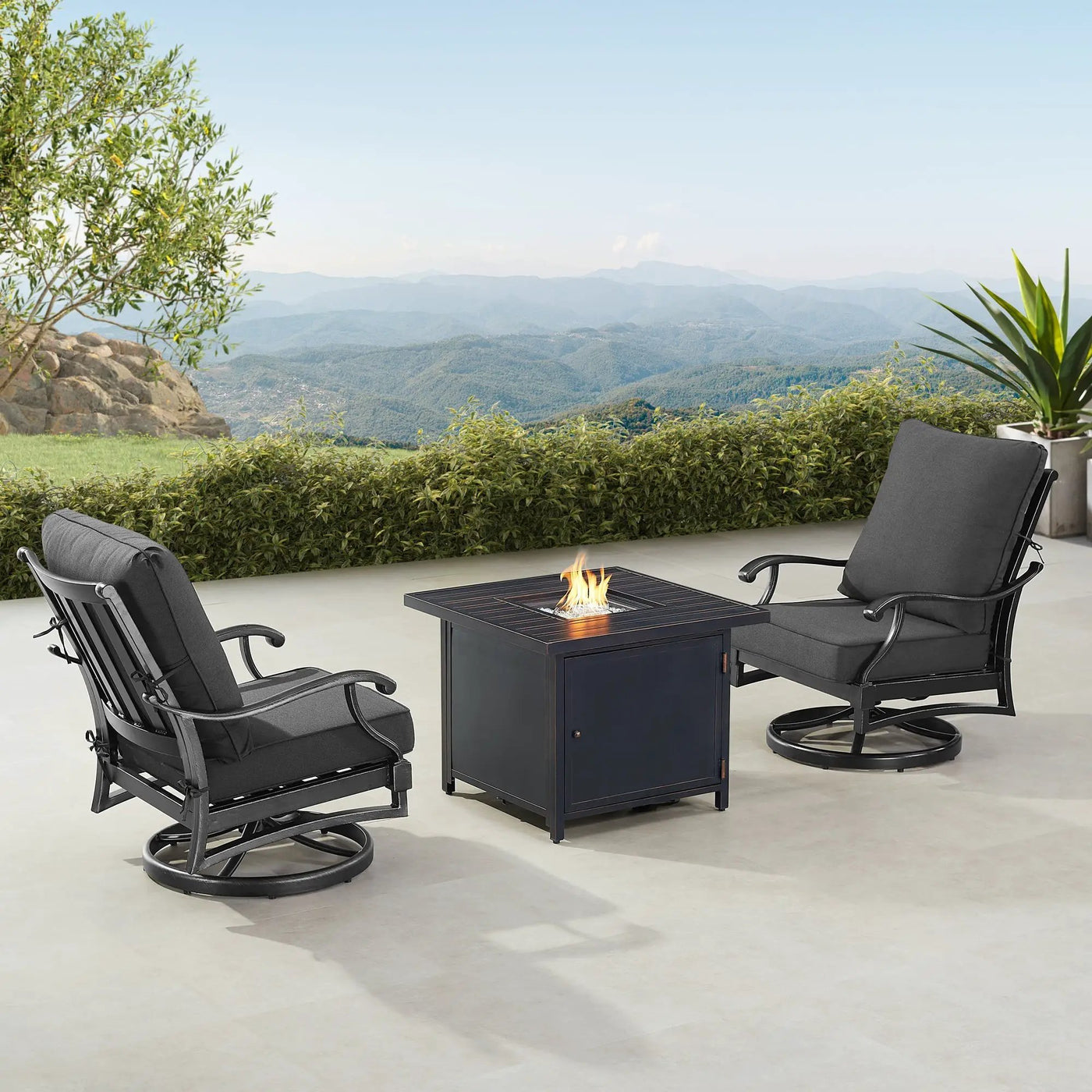 Black Aluminum Fire Table Bistro Set with Two Club Chairs by Sharicks