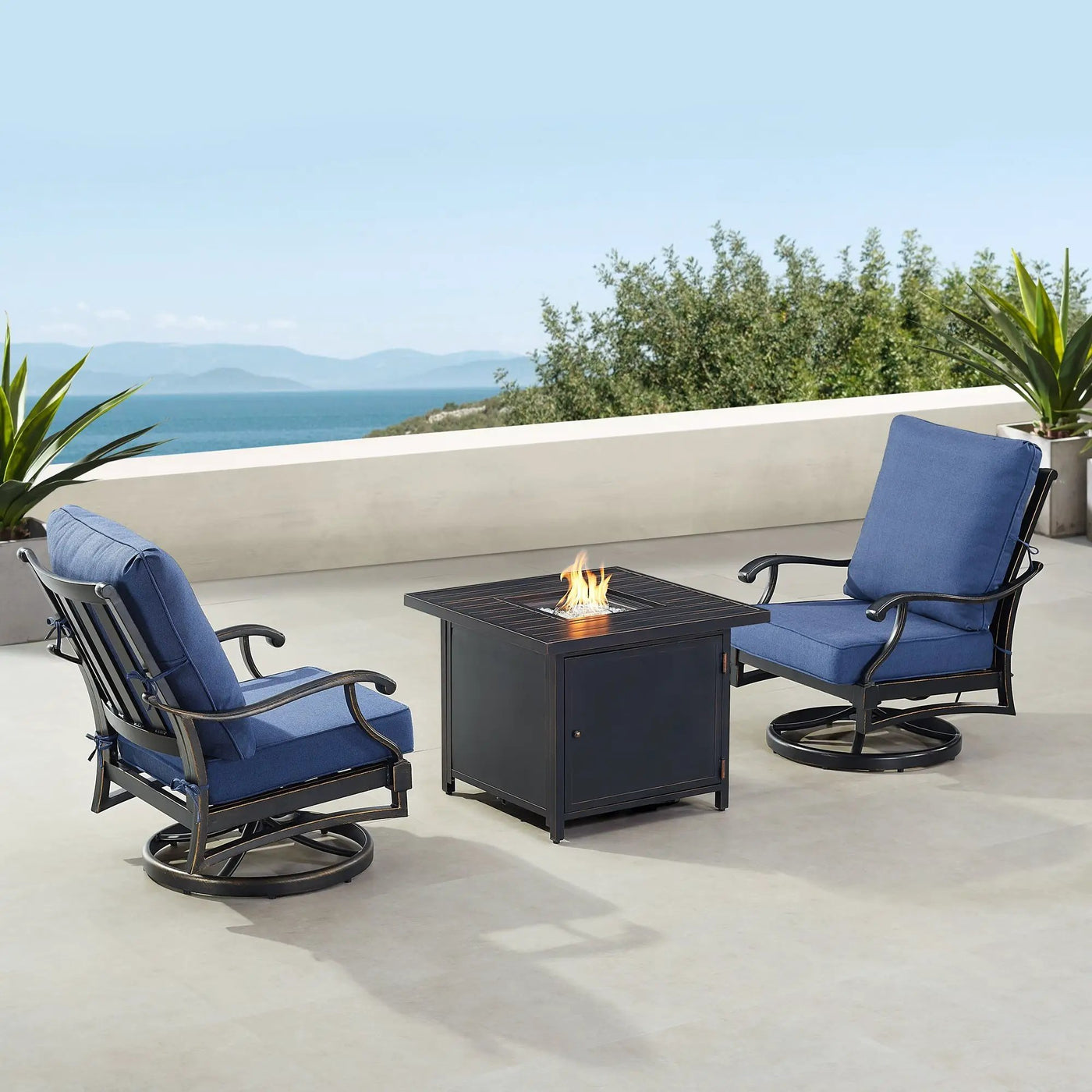 Black Aluminum Fire Table Bistro Set with Two Club Chairs by Sharicks