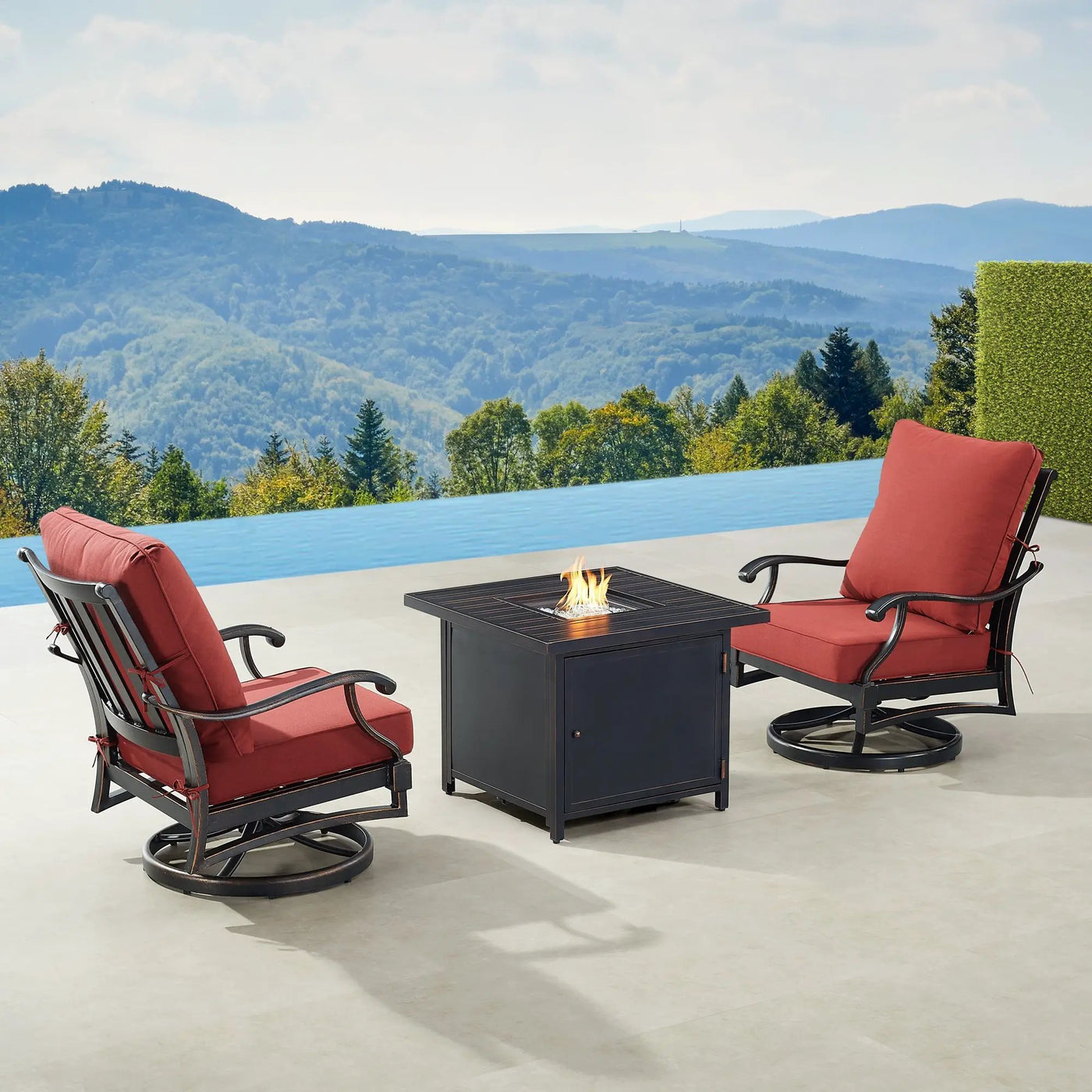Black Aluminum Fire Table Bistro Set with Two Club Chairs by Sharicks