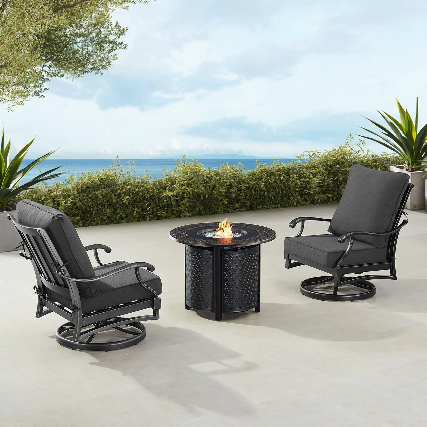 Black Aluminum Fire Table Bistro Set with Two Club Chairs by Sharicks